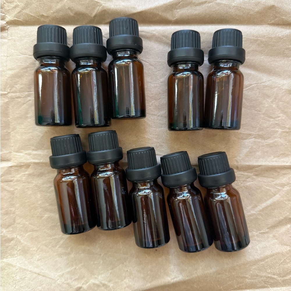 Set of 10 Amber Glass Essential Oil Bottles 10ml each with Black Caps